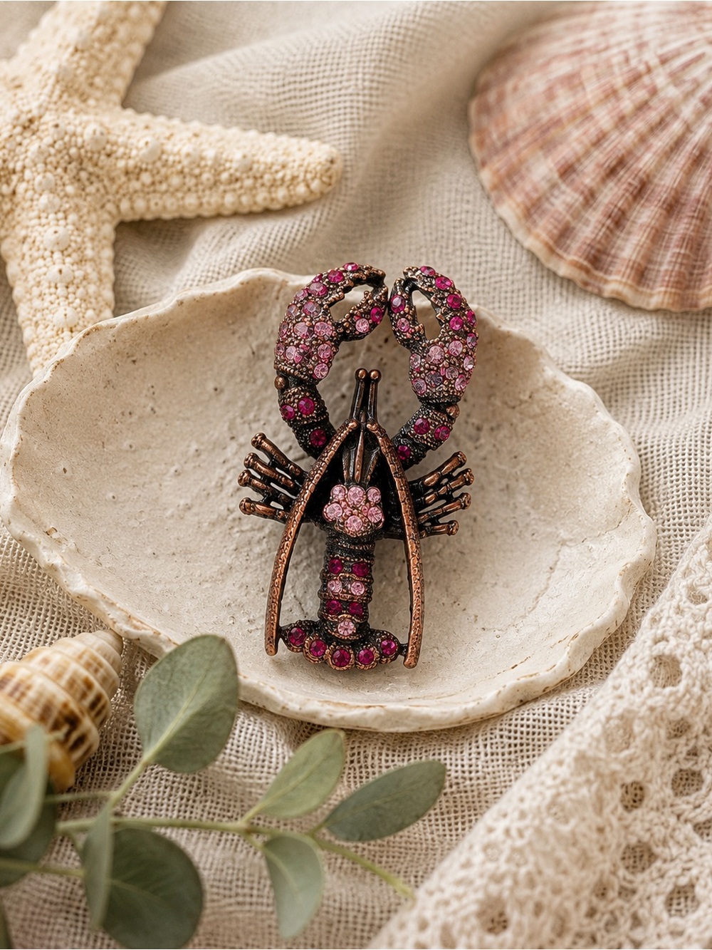 Pink Rhinestone Lobster Brooch Copper Tone Statement Pin Nautical Jewelry
